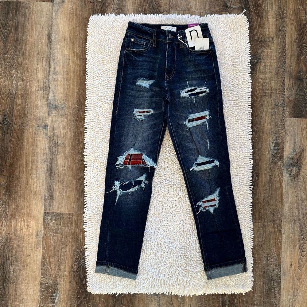 Nature Denim Plaid Patches Straight Jean